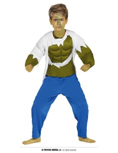 Costume Hulk bambino con muscoli imbottiti verdi, maglia bianca strappata e pantaloni blu per travestimento supereroi