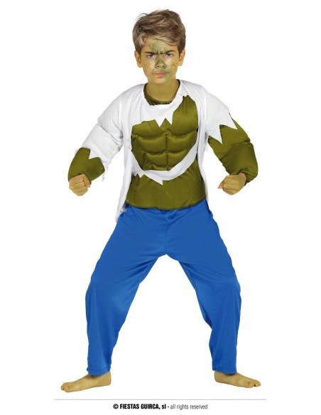 Costume Hulk bambino con muscoli imbottiti verdi, maglia bianca strappata e pantaloni blu per travestimento supereroi