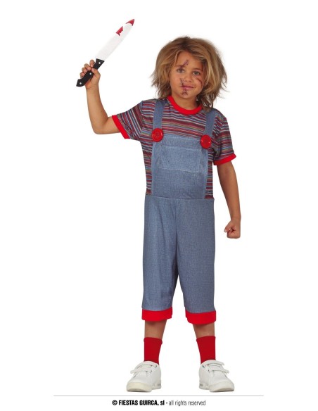 Costume bambino Chucky con salopette azzurra maglietta righe e coltello finto per Halloween