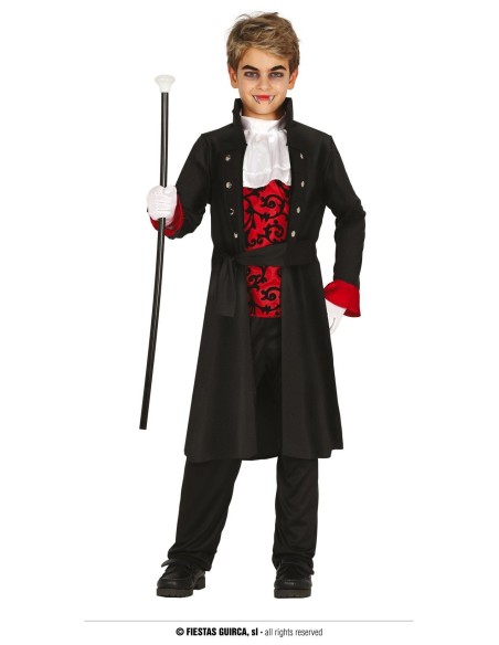 Costume vampiro bambino nero e rosso con giacca elegante e bastone per Halloween