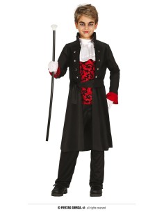 Costume vampiro bambino nero e rosso con mantello bastone e cravatta per Halloween
