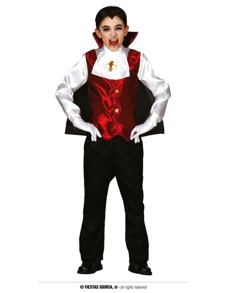 Costume vampiro bambino con mantello nero, gilet rosso, camicia bianca e canini finti per Halloween