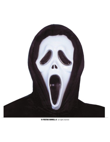 Maschera Scream horror bianca e nera in plastica con cappuccio per Halloween