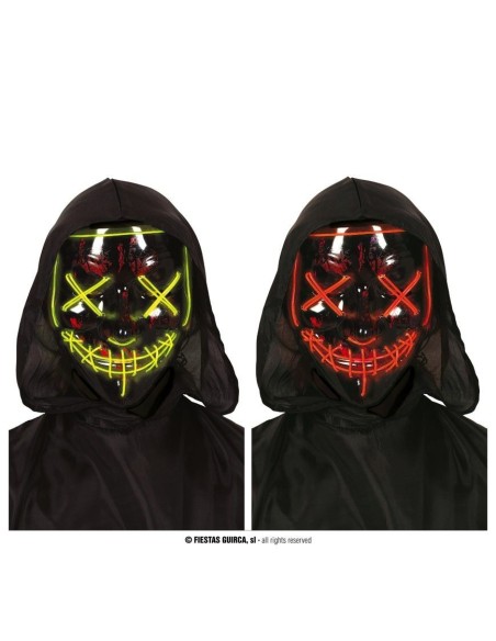 Maschera nera Halloween con luci LED verdi e rosse effetto horror per travestimenti spaventosi