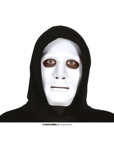 Maschera bianca in cartapesta con cappuccio nero per Halloween e travestimenti horror