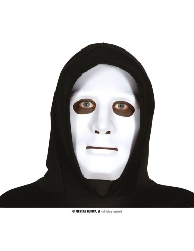 Maschera bianca in cartapesta con cappuccio nero per Halloween e travestimenti horror