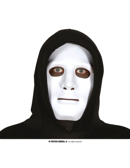 Maschera bianca in cartapesta con cappuccio nero per Halloween e travestimenti horror