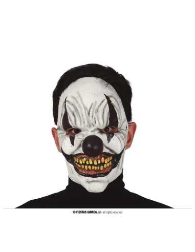 Maschera pagliaccio horror in latex bianco con denti gialli e naso rosso per Halloween