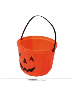 Cestino zucca arancione con maniglia nera e volto intagliato per Halloween trick or treat