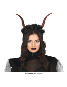 Diadema Halloween con corna rosse ricurve e corona di rose nere per costume demoniaco donna