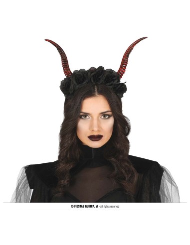Diadema Halloween con corna rosse ricurve e corona di rose nere per costume demoniaco donna