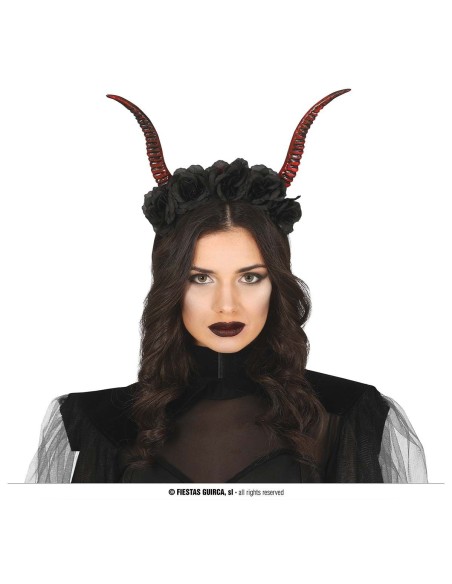 Diadema Halloween con corna rosse ricurve e corona di rose nere per costume demoniaco donna