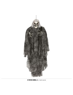 Scheletro grigio da appendere 170 cm con mantello logoro e teschio per decorazioni Halloween horror
