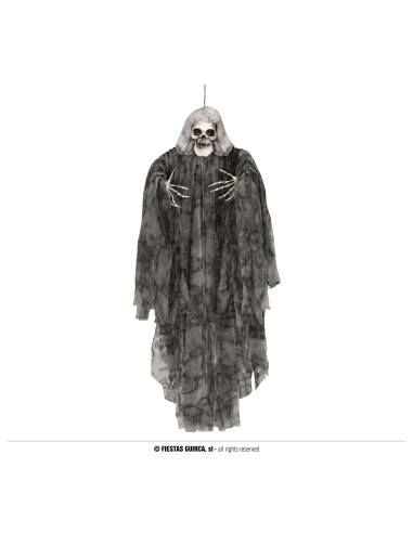 Scheletro grigio da appendere 170 cm con mantello logoro e teschio per decorazioni Halloween horror