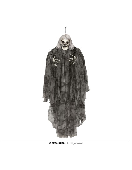 Scheletro grigio da appendere 170 cm con mantello logoro e teschio per decorazioni Halloween horror