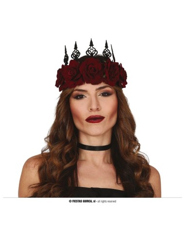 Corona gotica nera con punte metalliche e rose rosse per costume Halloween regina dark