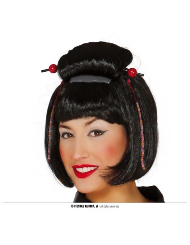 Parrucca giapponese nera con chignon, frangia e bacchette rosse decorative per costume orientale