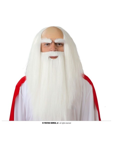 Parrucca druido bianca con barba lunga per costume da mago fantasy Halloween
