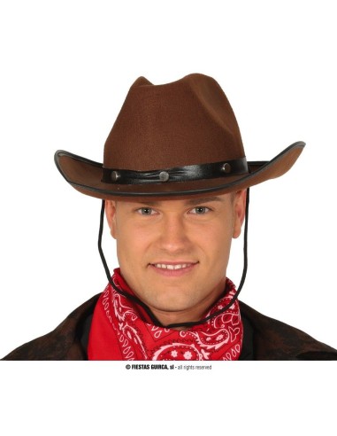 Cappello cow boy marrone in feltro con banda nera indossato per costume western