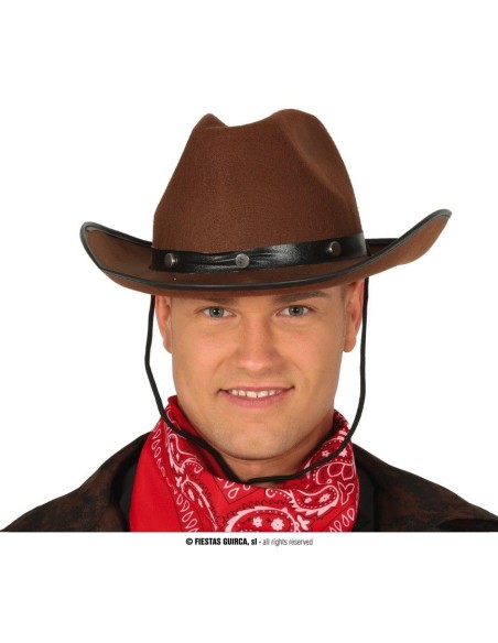 Cappello cow boy marrone in feltro con banda nera indossato per costume western