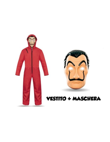 Costume Casa di Carta rosso con tuta e maschera Salvador Dalì per travestimento uomo