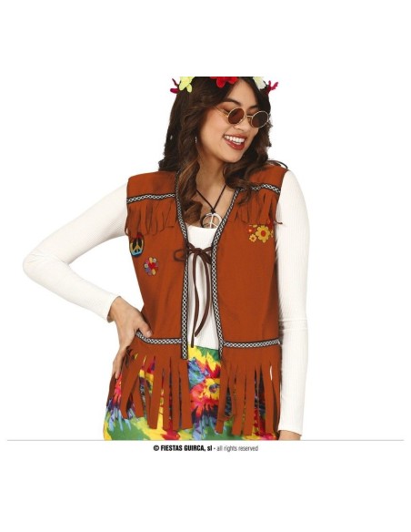 Gilet hippie marrone donna con ricami floreali e bordature decorative per costume anni 70