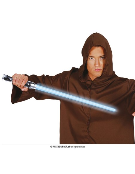 Spada laser eco con luce blu impugnata da persona in mantello marrone per costume fantascientifico