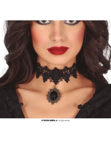 Collarino nero gotico con pizzo e pietra nera centrale per costumi Halloween donna