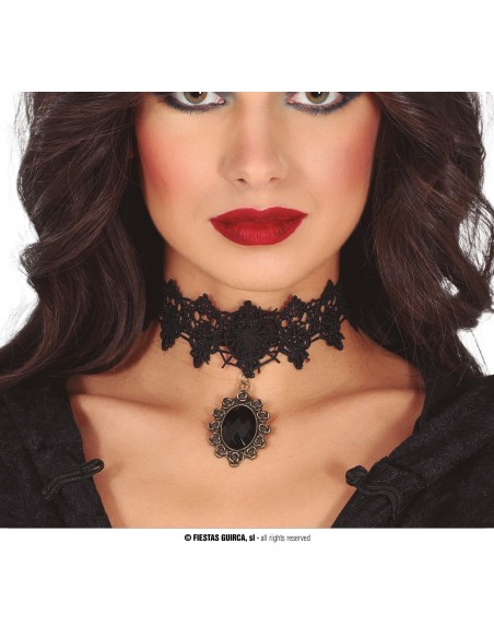 Collarino nero gotico con pizzo e pietra nera centrale per costumi Halloween donna