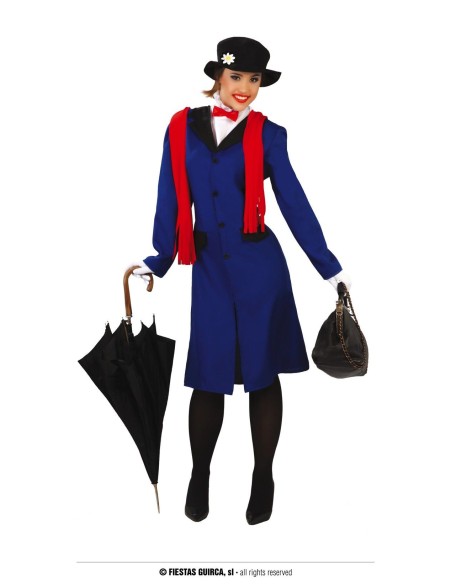 Costume Mary Poppins donna cappotto blu cappello nero borsa ombrello carnevale