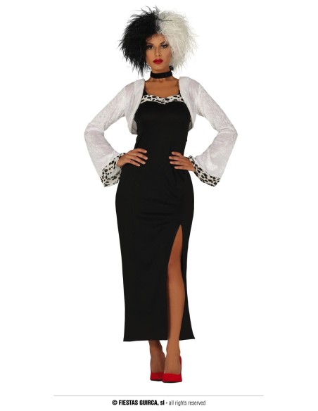 Costume Crudelia donna con abito nero lungo, giacca bianca e accessori per Halloween e feste a tema