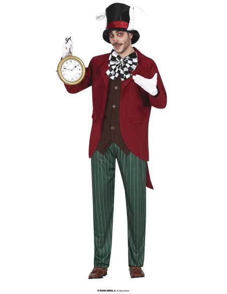 Costume Bianconiglio uomo con giacca rossa cappello nero orologio da taschilla Alice nel Paese delle Meraviglie