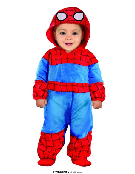 Costume Spiderman neonato rosso e blu con cappuccio per Carnevale e Halloween