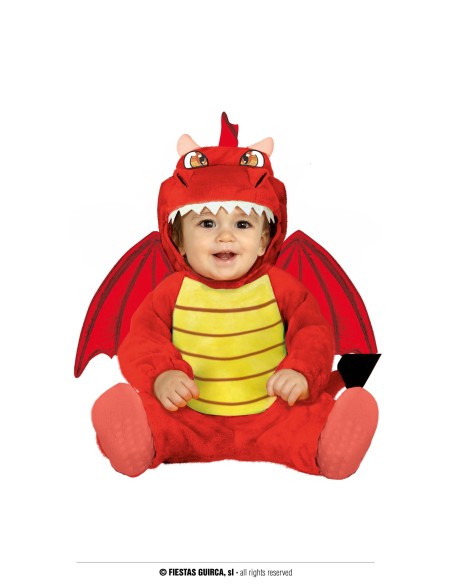 Costume draghetto rosso neonato con ali cappuccio e tutina imbottita gialla