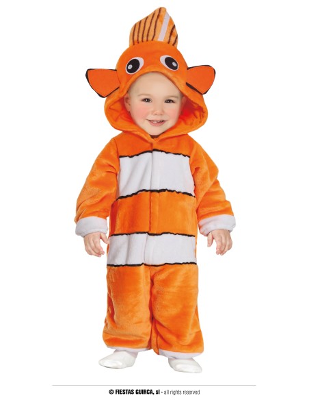 Costume Nemo baby arancione con cappuccio pinne e strisce bianche per bambini 18-24 mesi