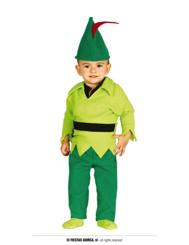 Costume Peter Pan neonato verde con cappello piumato e tunica frastagliata per bambino 12-18 mesi