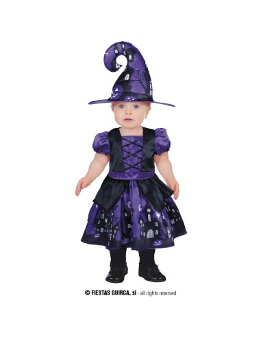 Costume strega viola baby con cappello a punta e vestito decorato per Halloween bambina 18-24 mesi