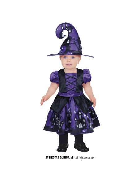 Costume strega viola baby con cappello a punta e vestito decorato per Halloween bambina 18-24 mesi