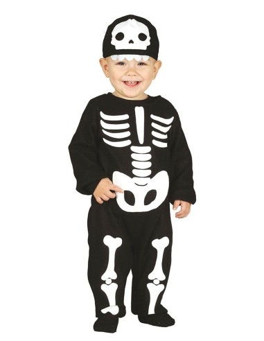 Costume scheletro bambino nero con ossa bianche stampate e cappello teschio per Halloween