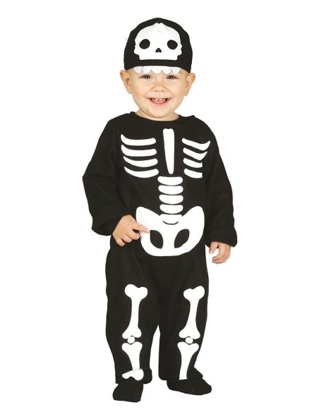 Costume scheletro bambino nero con ossa bianche stampate e cappello teschio per Halloween