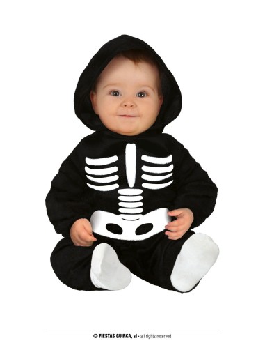 Costume scheletro neonato nero con ossa bianche stampate e cappuccio per Halloween bambini