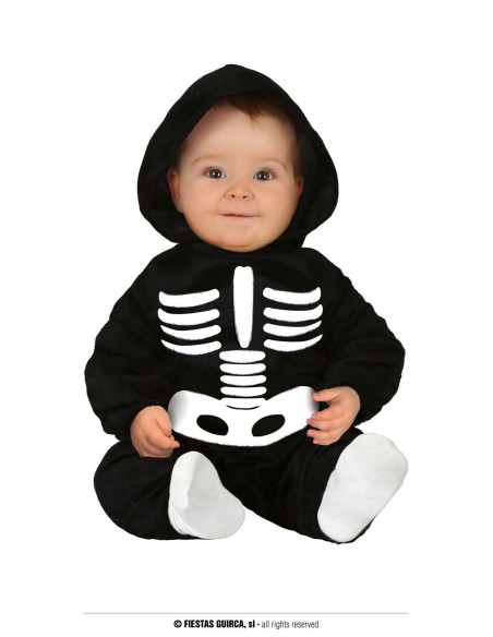 Costume scheletro neonato nero con ossa bianche stampate e cappuccio per Halloween bambini