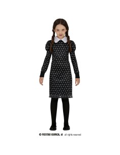 Costume Mercoledì Addams bambina con vestito nero teschi bianchi colletto per Halloween
