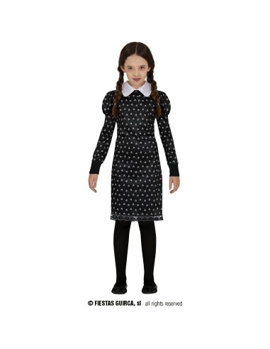 Costume Mercoledì Addams bambina con vestito nero teschi bianchi colletto per Halloween