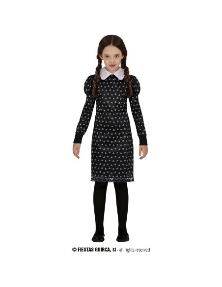 Costume Mercoledì Addams bambina con vestito nero teschi bianchi colletto per Halloween