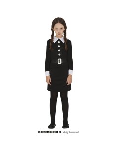 Costume Mercoledì Addams bambina vestito nero colletto bianco bottoni cintura Halloween