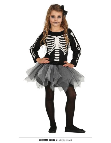 Bambina con costume scheletro nero, maglia ossa bianche e tutù nero per Halloween