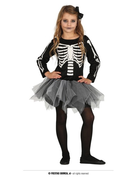 Bambina con costume scheletro nero, maglia ossa bianche e tutù nero per Halloween