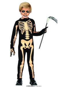 Costume scheletro bambino tuta nera con stampa ossa anatomiche e falce Halloween