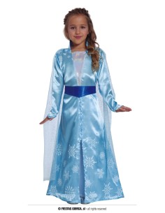 Bambina con costume principessa dei ghiacci azzurro decorato fiocchi neve fascia blu